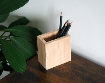 Wooden Rectangle Pen Pot Brush Holder Pencil Cup Desk Stationery Markers Storage Box Tidy Organiser  | 10x5.5x11 cm Unfinished Plain Pine