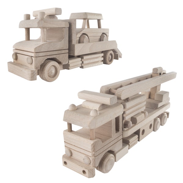 Wooden Road Emergency Accident Vehicles | Handmade Toy | Tow Truck & Fire Brigade | Plain Untreated Decorative Wood | For Kids 3 Years Plus