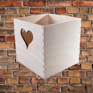 Plain Small Cube Open Heart Cut-out Wooden Box | 10x10x10 cm | Square Display Presentation Tidy Bin Organiser | Decorative Wood For Craft