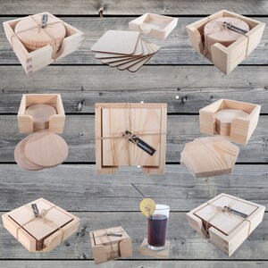 May include: Set of wooden coasters in various shapes and sizes, including round, square, and hexagonal, packaged in wooden boxes. Some boxes are tied with twine and a tag that reads "woodablesco".
