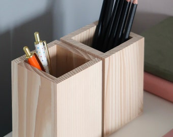 Wooden Square Pen Pot Brush Holder Pencil Cup Desk Stationery Markers Storage Box Tidy Organiser  | 7.5x7.5x11 cm Unfinished Plain Pinewood
