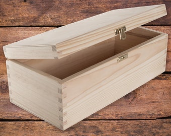 Wooden Box 30x14x10.5 cm | Hinged Lid & Clasp | Memory Keepsake Trinket Storage Gift Case | Plain Pine For Craft