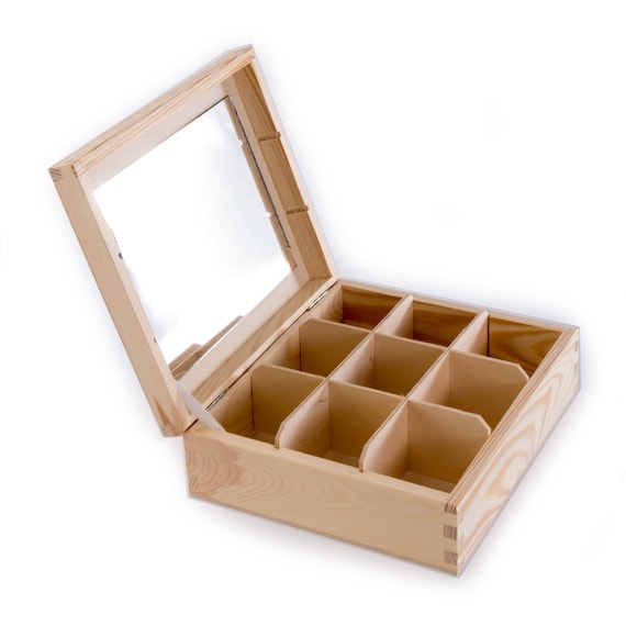 Wooden 9 Compartments Box With Mirror Makeup Jewellery Trinket Keepsake  Sectioned Accessories Mirrored Organiser Plain & Unpainted 