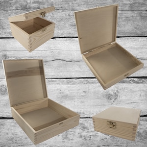 Fyrkantiga tomma träaskar med spänne | Valfria storlekar | Gångjärnsförsett lock | Förvaring av minnessaker | Enkel omålad furu för pyssel