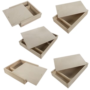 May include: Five wooden boxes with lids, each box has a small compartment inside. The boxes are made of natural wood and have a light brown colour.