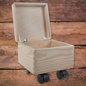 Small Square Wooden Storage Box With Hinged Lid & Wheels | Keepsake Memory Toy Box Chest Trunk | Plain Unpainted Decorative Pine For Craft