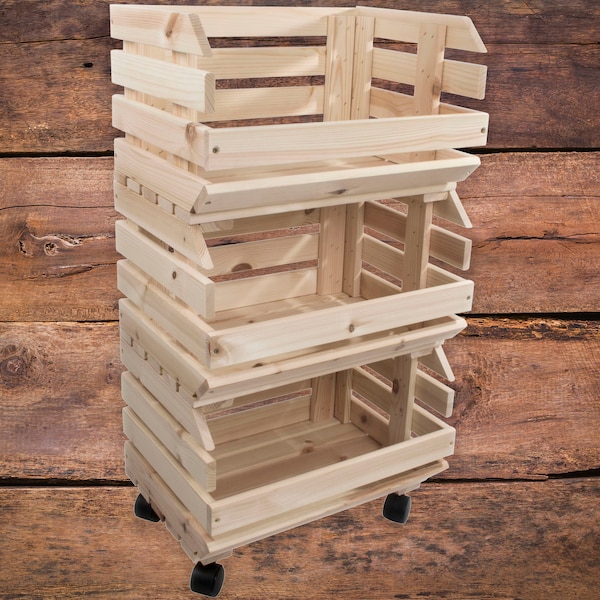 3 Tier Wooden Vegetable Food Storage Rack Trolley Storage Crate With Wheels  | Kitchen Office Display Shelf Unit | Plain Untreated Wood