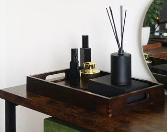 Hazel Wooden Serving Tray | Breakfast Tea Coffee Drinks Display Table Bed Ottoman Versatile Dark Brown Platter | Other Colours Available