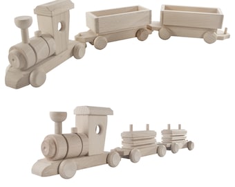 Wooden Railway Engine Train Set 2 Carriages | Handmade Toy | Plain Untreated Decorative Beechwood | For Kids 3 Years Plus