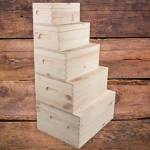 Wooden Blank Chest Storage Boxes | Choice of Sizes | Hinged Lid, Sharp Corners, Etched Handles | Craft Keepsake Memory Trinket Plain Pine