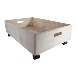 Extra Large Wooden Under-bed  Storage Crate Box With Wheels | Cut-out Handles Non-lidded Container Organiser | Paintable Wood To Decorate