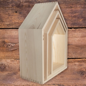 Pinewood House Shaped Floating Shelves | Wall-mounted Shadow Box | Display Home Decor | Without Back Panel | Paintable Decorative Craft Wood