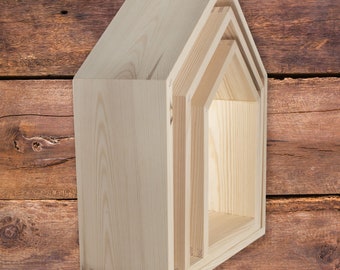 Pinewood House Shaped Floating Shelves | Wall-mounted Shadow Box | Display Home Decor | Without Back Panel | Paintable Decorative Craft Wood