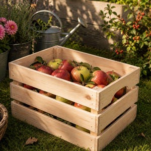 May include: A wooden crate filled with fresh red and green apples with leaves. The crate is made of light-colored wood and sits on green grass. The background includes plants, flowers, and a watering can.