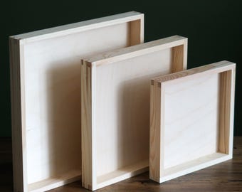 Square Wooden Shallow Tray | 3 Sizes | Tea Coffee Food Drinks Snack Display Serving Platter | Plain Unpainted Decorative Craft Pine Wood