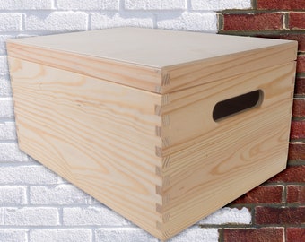 Caixa de armazenamento grande e profunda em madeira com tampa e alças removíveis | 35x25x18,5 cm | Baú/baú para guardar brinquedos ou objetos | Madeira lisa para pintar