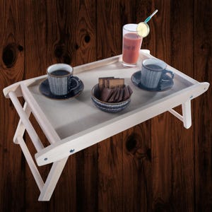 Large Wooden Serving Tray with Folding Legs and Round Side Handles – Solid Beech - Breakfast in Bed Tea Coffee Table - 61 x 31.5 x 13.5 cm