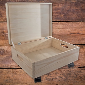 Large Shallow Wooden Under Bed Storage Box With Hinged Lid Cut-out Handles & Wheels | Keepsake Memory Toy Box Chest Trunk | Decorative Pine