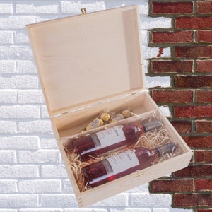 Wooden Storage Box For 2 Wine Bottles & Souvenir | Memory Keepsake Box With Lid Compartments Sections | Plain Unfinished Wood For Craft