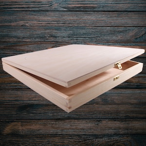 Large Square Shallow Wooden Box With Hasp | 40 x 40 x 5 cm | Slim Depthless Presentation Storage Gift Case | Plain Pine Craft DIY Engraving