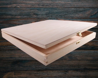 Large Square Shallow Wooden Box With Hasp | 40 x 40 x 5 cm | Slim Depthless Presentation Storage Gift Case | Plain Pine Craft DIY Engraving
