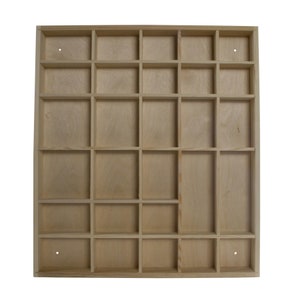 May include: A wooden storage shelf with 24 square compartments. The shelf is made of light wood and has a natural finish.