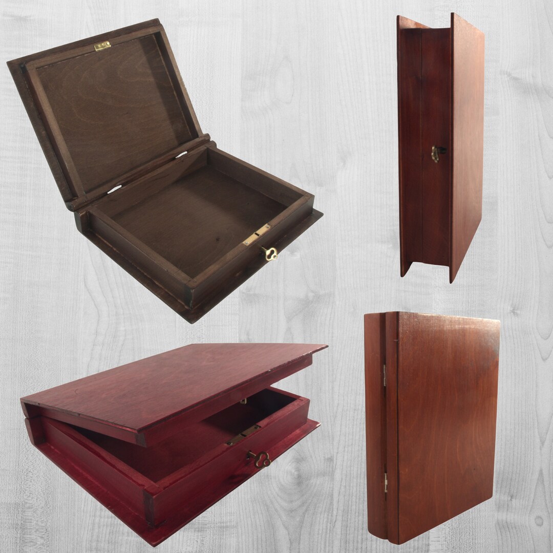 Shallow Wooden Book Shaped Box With Key Lock | Trinket Jewellery Memory ...