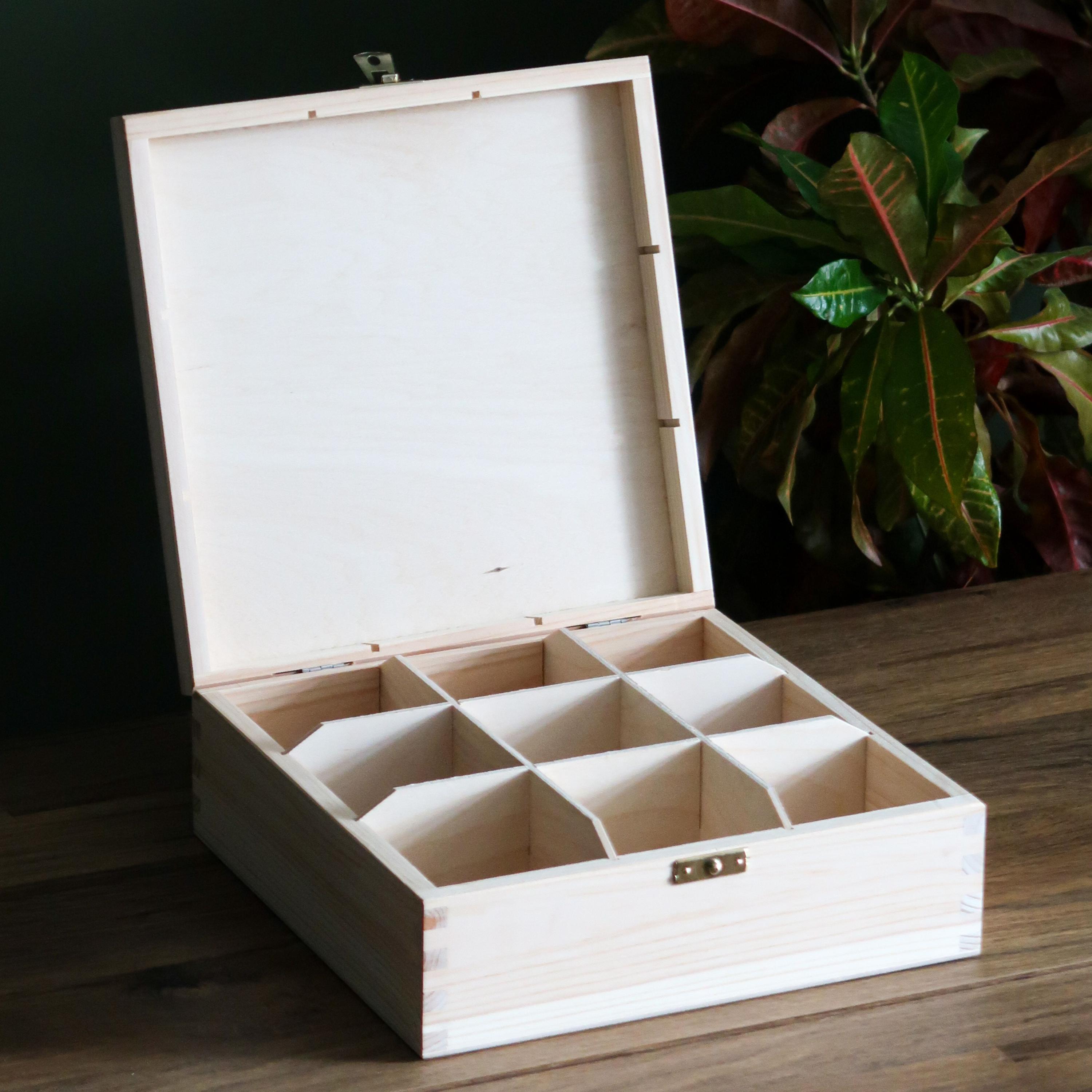 Square Table Top Box Plain Wooden Square Storage Box With Hinged Lid/ 9 Compartments / Tea ...