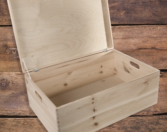 XL Deep Wooden Storage Box With Hinged Lid & Cut-out Handles | Keepsake Memory Toy Chest Trunk | Christmas Eve Box | Plain Unpainted Pine