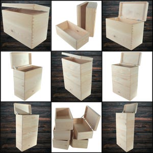 May include: A selection of unfinished wooden boxes in various sizes, some with hinged lids. The boxes are rectangular and feature interlocking joints. The lids are open in some images, showing the box interiors. The wood has a light, natural colour.
