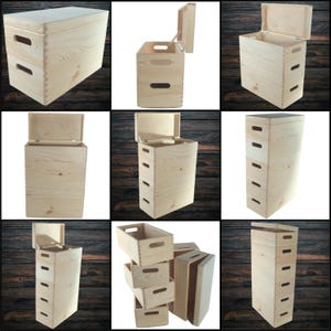 May include: A selection of unfinished wooden storage boxes and crates. The boxes are of various sizes and shapes, some with lids and handles. The wood grain is visible, and the boxes appear new and ready for use. The boxes are displayed on a dark wood surface.