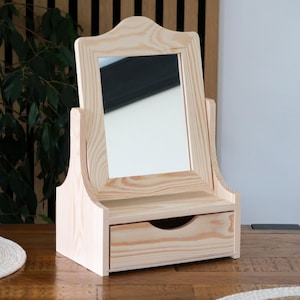 Dekorativer Waschtisch Schminktisch Schublade Holzkiste mit Spiegel | 23 x 15,5 x 35cm | Make-up Display Organizer Schmuck Einheit | Schlichtes Holz