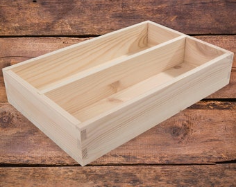 Small Wooden 2 Compartment Cutlery Tray Utensil Sorter | 26 x 17 x 5 cm | Sectioned Presentation Box Tidy Organiser | Natural Unpainted Wood