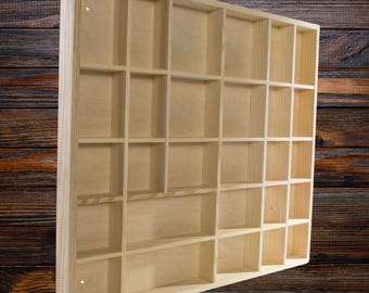 Wooden Trinket Display Shelf | 28 Compartments | Wall Hanging Unit Shelves Organiser | Plain Unpainted Untreated Natural Decorative Wood