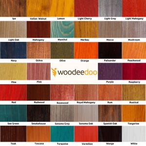 May include: A chart of 36 wood stain colors, each color is labeled with its name. The colors range from light to dark, and from warm to cool. The chart is titled "woodeedoo".