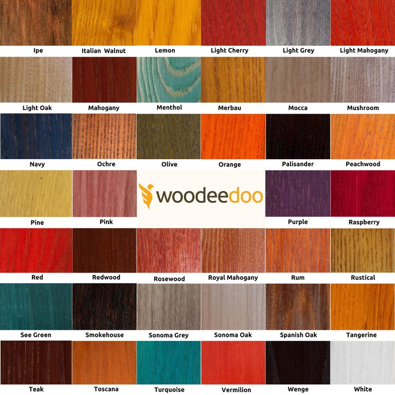 May include: A chart of 36 wood stain colors, each color is labeled with its name. The colors range from light to dark, and from warm to cool. The chart is titled "woodeedoo".