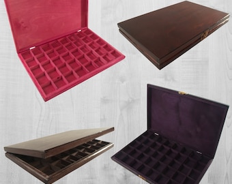 Shallow Wooden Box 40 Compartments | Gemstone Trinket Jewellery Beads Display Presentation Case Organiser | Removable Grids | Colour choice