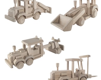 Wooden Roadworks Construction Vehicles  | Handmade Toy | Plain Untreated Decorative Beechwood | For Kids 3 Years Plus