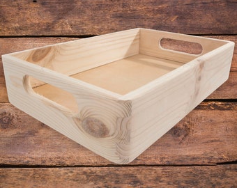 Small Wooden Shallow Tray Crate | 30 x 20 x 6.5 cm | Stackable | Tea Coffee Breakfast Serving Box With Handles | Plain Craft Decorative Pine