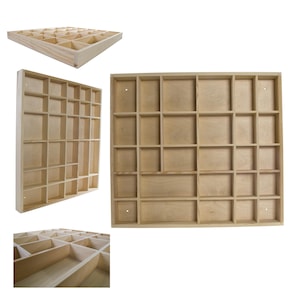 May include: A wooden storage box with 24 individual compartments. The box is made of natural wood and has a light brown color.