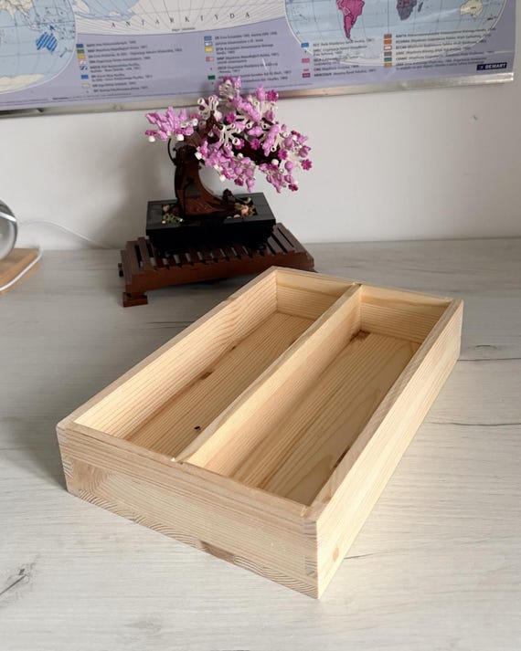 Kleiner Holz 2 Fach Besteckkasten Utensil Sorter | 26 x 17 x 5 cm | Geschnittener Präsentationsbox Tidy Organizer | Natürliches unlackiertes Holz