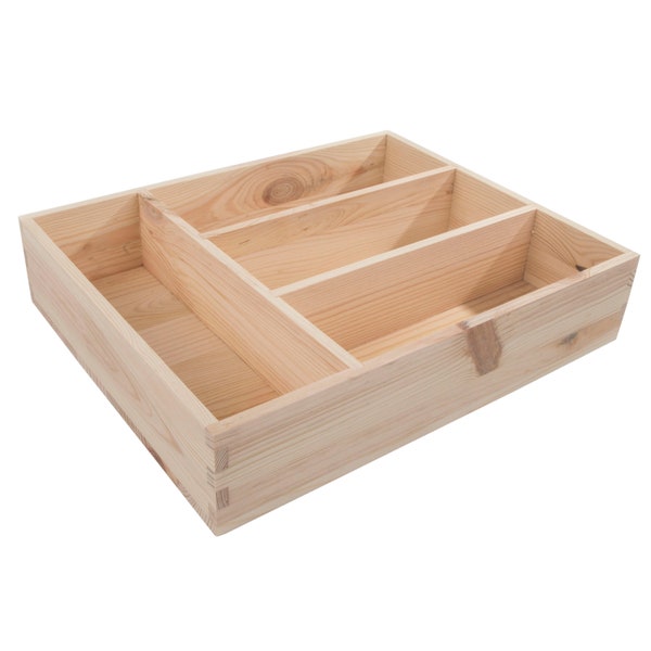 Wooden 4 Section Cutlery Tray Utensil Sorter Drawer | 31 x 25 x 7 cm | Compartment Presentation Box Tidy Organiser Insert | Unpainted Pine