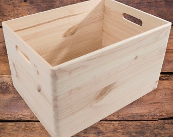 Deep Wooden Stacking Crate Open Top Storage Box With Handles | Non-lidded Container Organiser | Unfinished Wood To Decorate