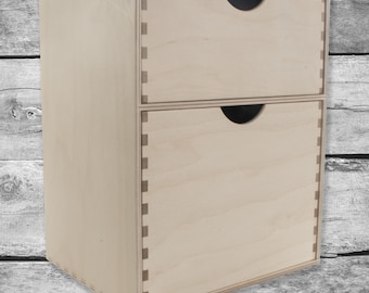 Wooden Mini Chest of 2 Drawers Desktop Organiser | Cupboard Cabinet Unit Trinket Box | Plain Blank Unfinished Unpainted Birchwood For Craft
