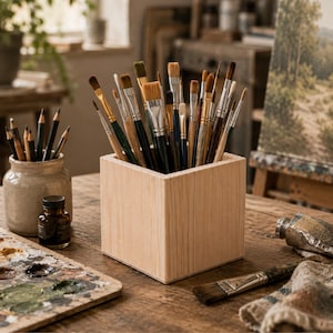 May include: A square light-colored wooden pencil holder filled with a variety of paintbrushes with wooden handles and metal ferrules. The container has a visible wood grain texture and sits upright, holding brushes of different sizes and bristle shapes.
