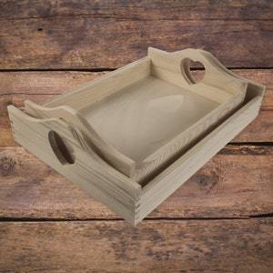 Wooden Serving Trays | Heart Cut-out Handles | 2 Sizes | Tea Coffee Food Breakfast Butler Drinks Snack Display | Plain Decorative Wood