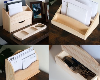 Wooden Letter Holder & Desk Organiser, Unfinished Pine Mail Sorter, Paper File Rack for Office, Hallway or Home, Makeup or Crafts