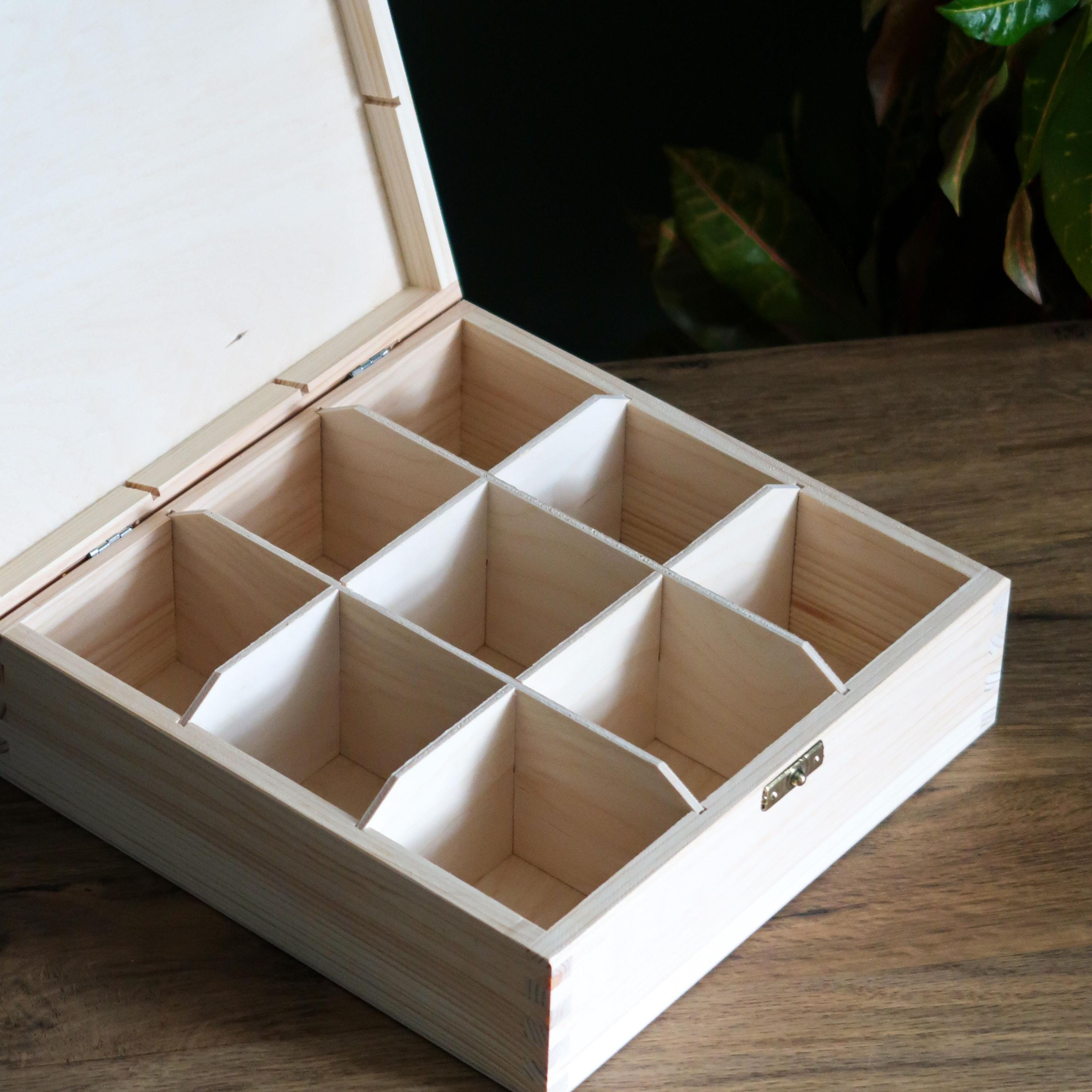 Square Table Top Box Plain Wooden Square Storage Box With Hinged Lid/ 9 Compartments / Tea ...