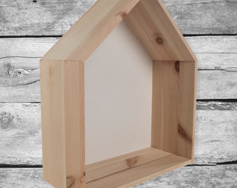 Pinewood House Shaped Shadow Box Trinket Display Shelf With White Background Panel | Unpainted & Untreated Plain Decorative Wood