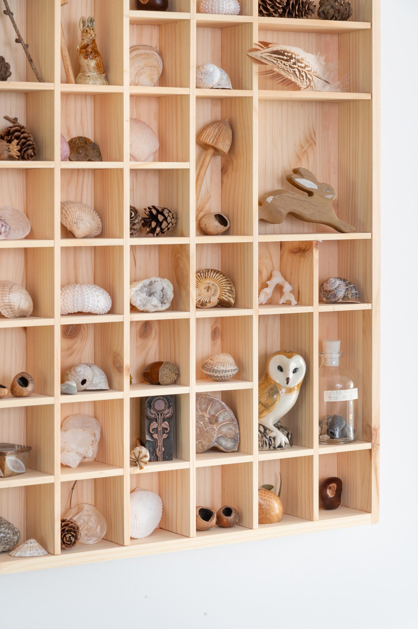Large Wooden Trinket Display Shelf | 51 Compartments | Wall Hanging Unit Shelves Organiser | Plain Unpainted Natural Decorative Wood